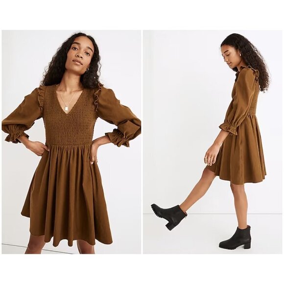 💕MADEWELL💕 Flannel Lucie V-Neck Smocked Mini Dress Weathered Olive Medium NWOT - Picture 1 of 15